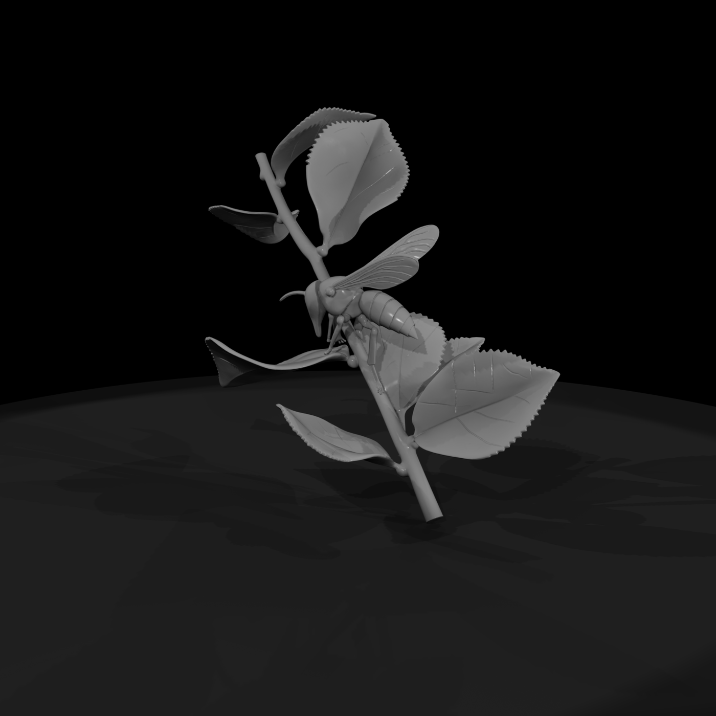 Stylized Low-Poly Wasp on Leafy Twig — Accent