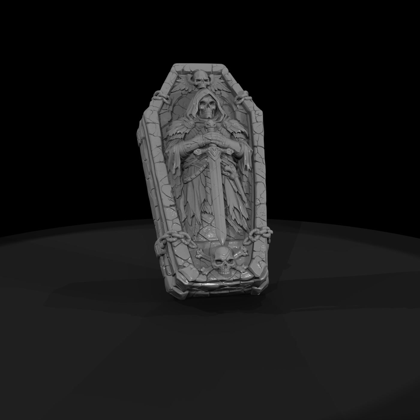 Carved Stone Coffin Lid with Reaper