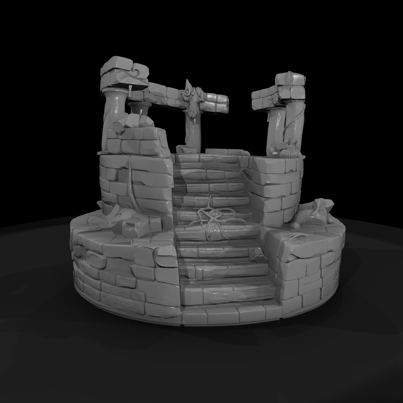 Stylized fantasy ruined shrine centerpiece