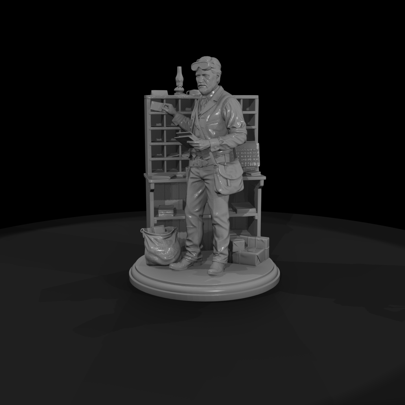 Old West Postmaster at Sorting Desk