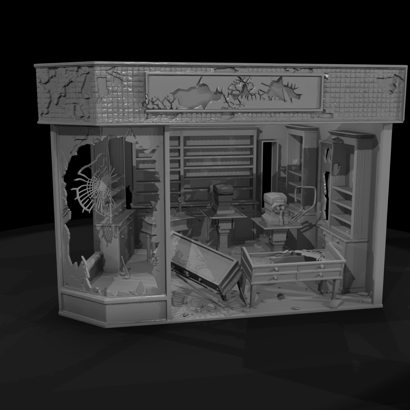Shell-Damaged Corner Shop with Interior