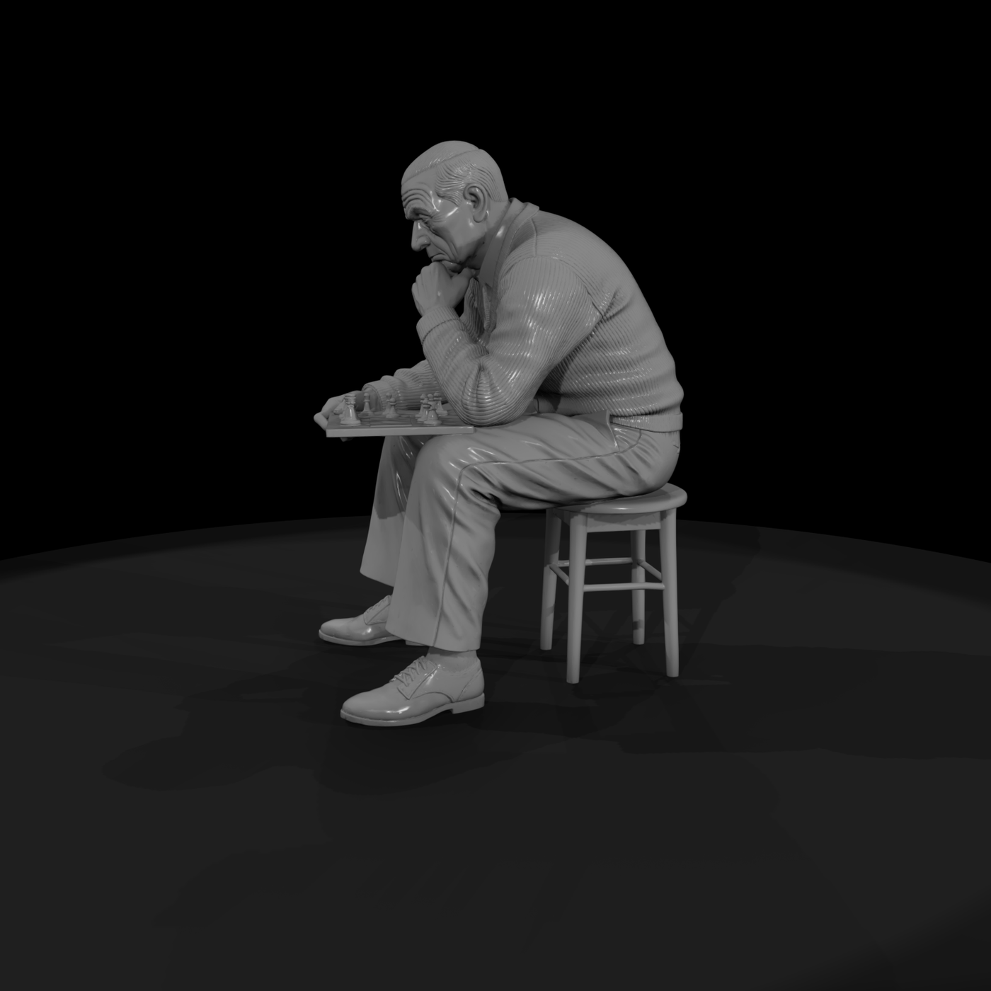 Elderly Man Contemplating Chess
