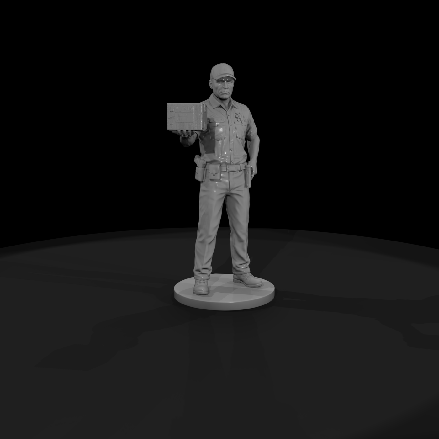 Uniformed Guard with Delivery Crate