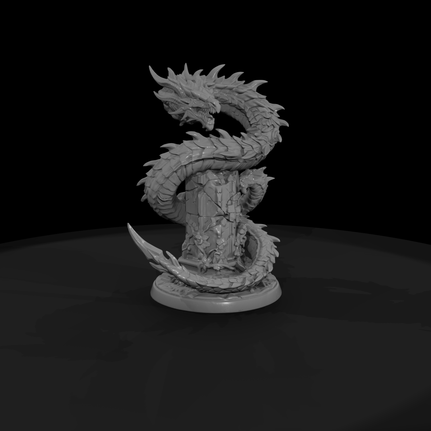 Serpent Dragon Coiled on Ruined Pillar