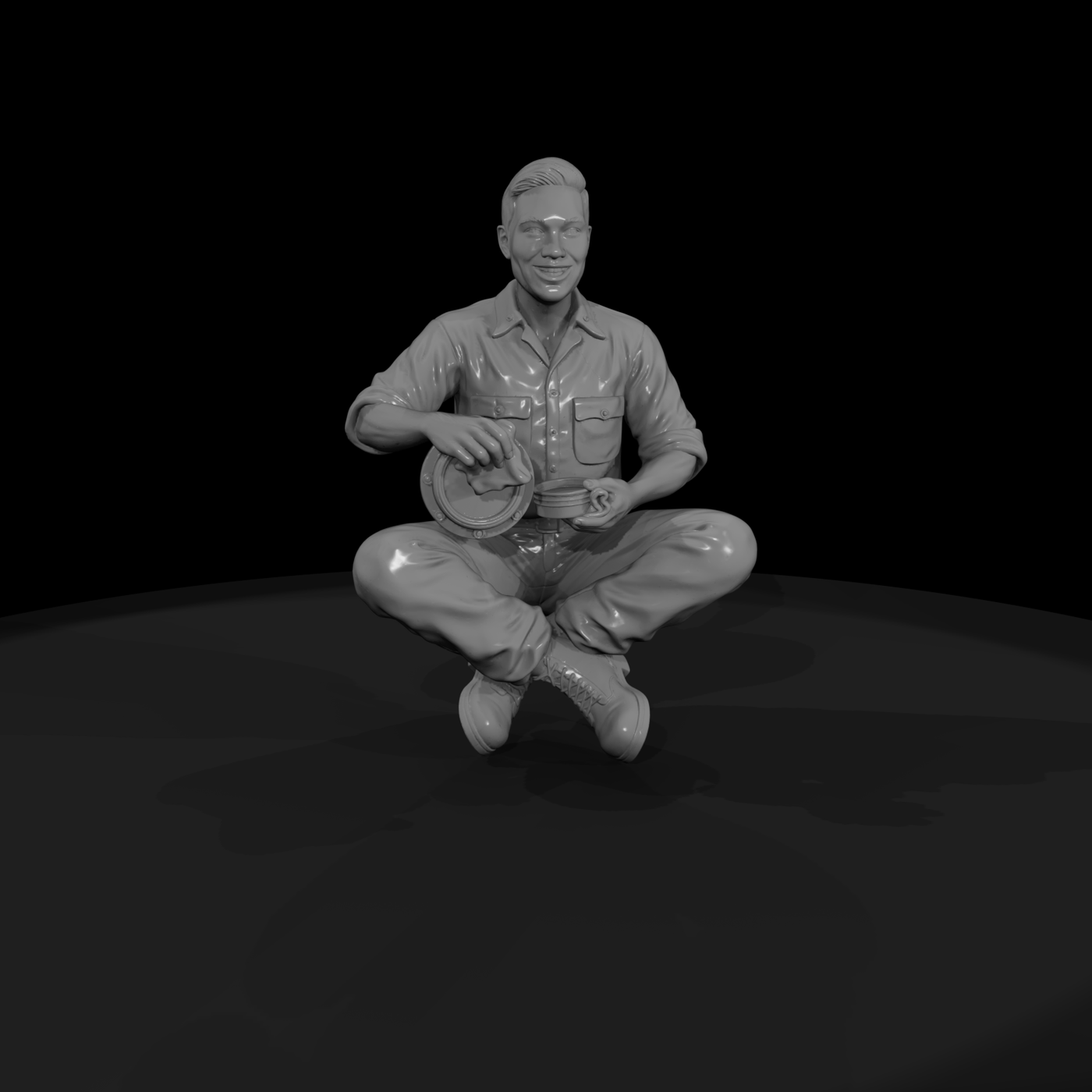 Seated WWII GI with Mess Kit