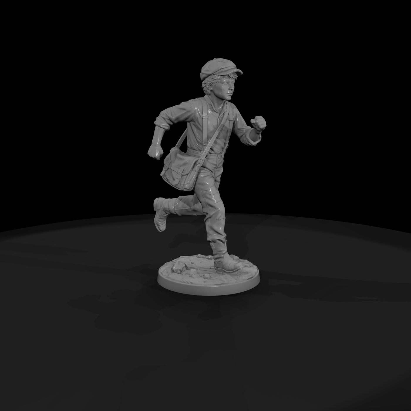 Running Newsboy in Overalls and Cap