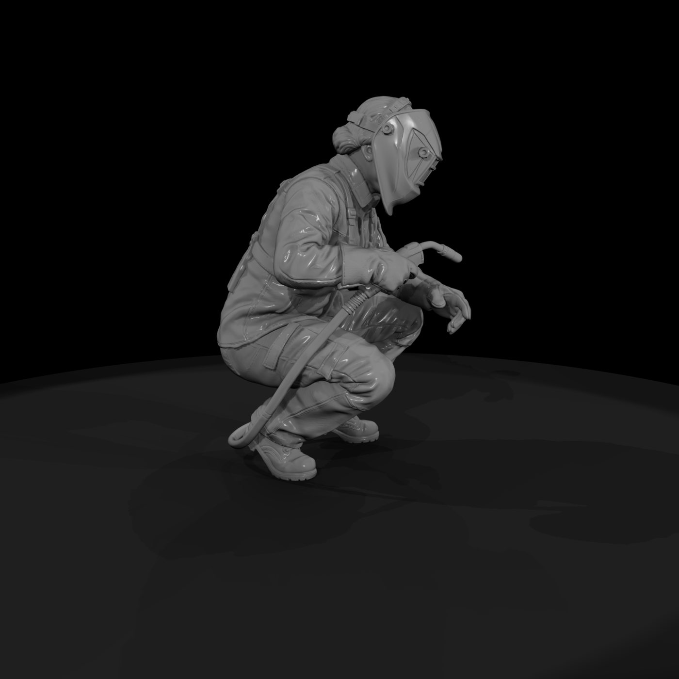 Crouching Welder at Work with Torch