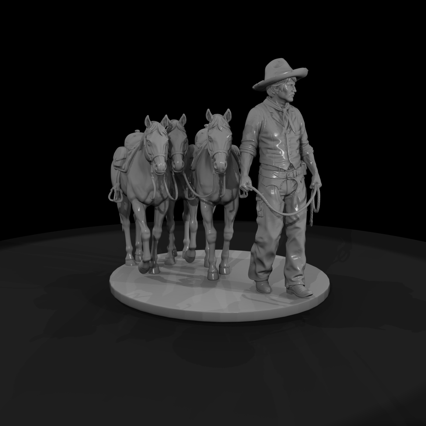 Cowboy Wrangler Leading a String of Horses