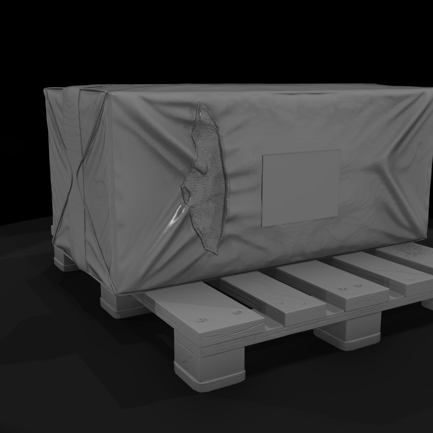 Tarp-wrapped cargo on wooden pallet