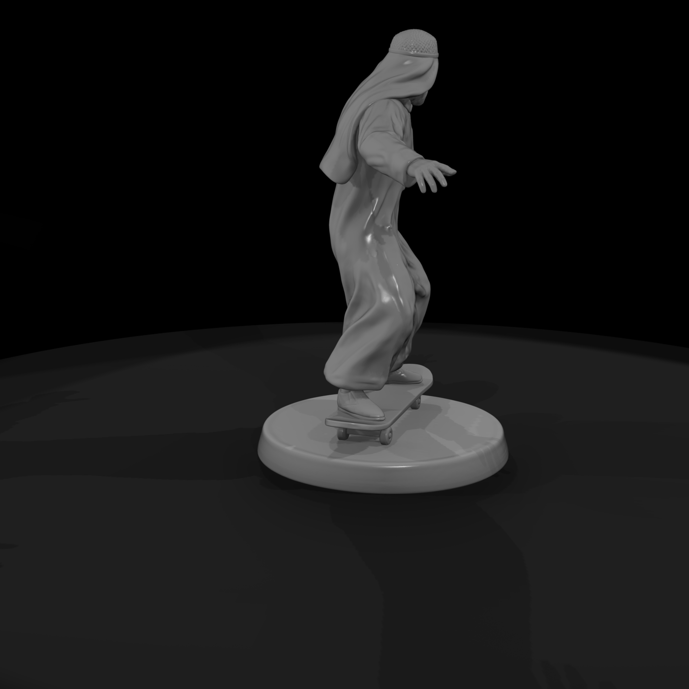 Man in a Thobe Riding a Skateboard