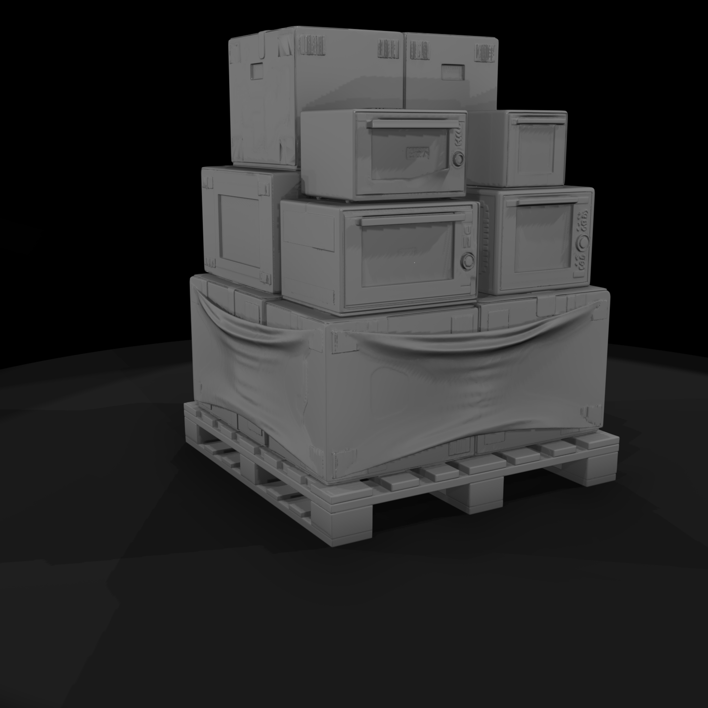 Stacked Shipping Pallet with Crates and Stretch Wrap
