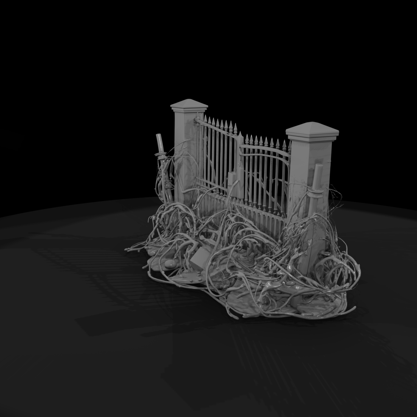 Damaged Ornamental Wrought-Iron Gate with Stone Posts