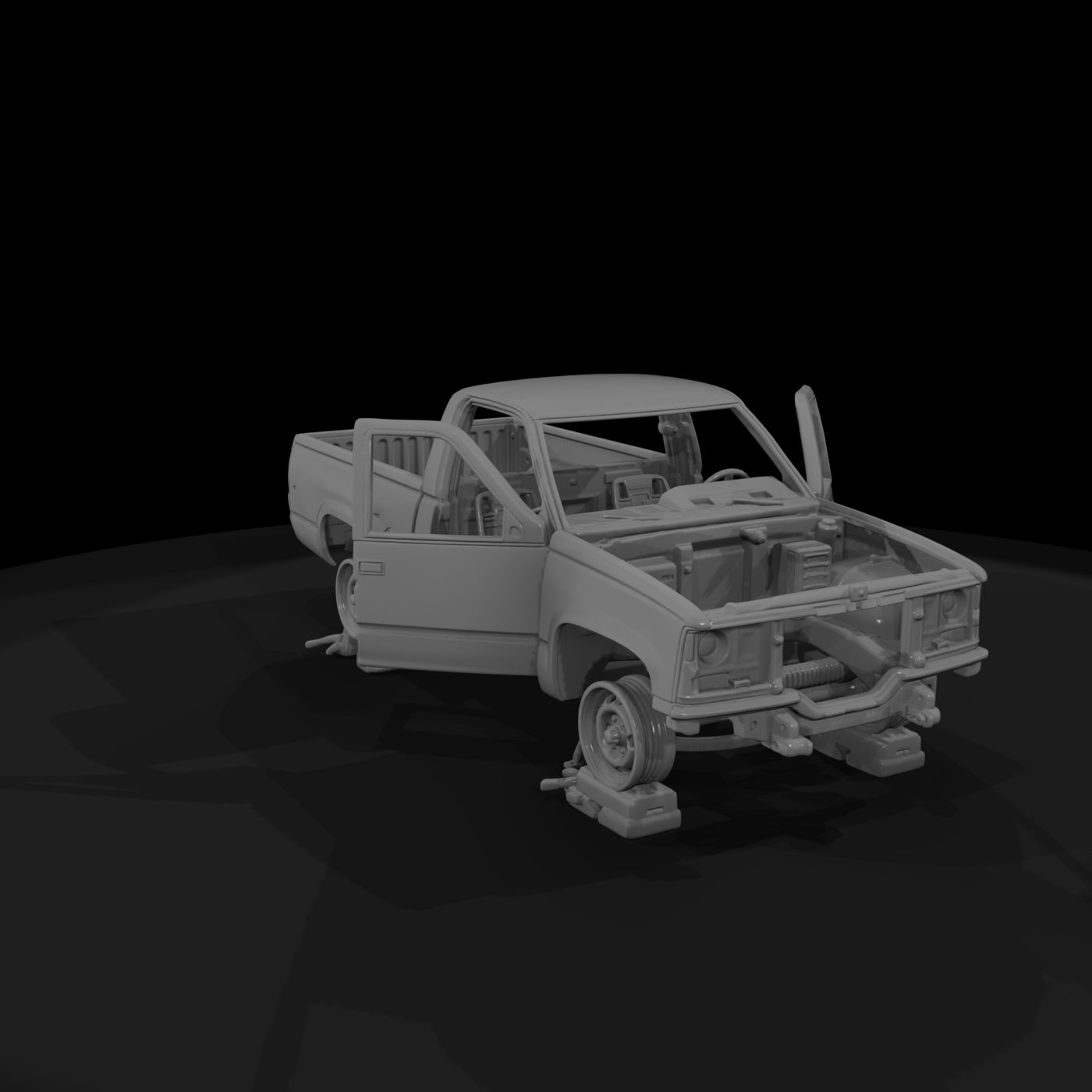Stripped Junkyard Pickup on Jack Stands