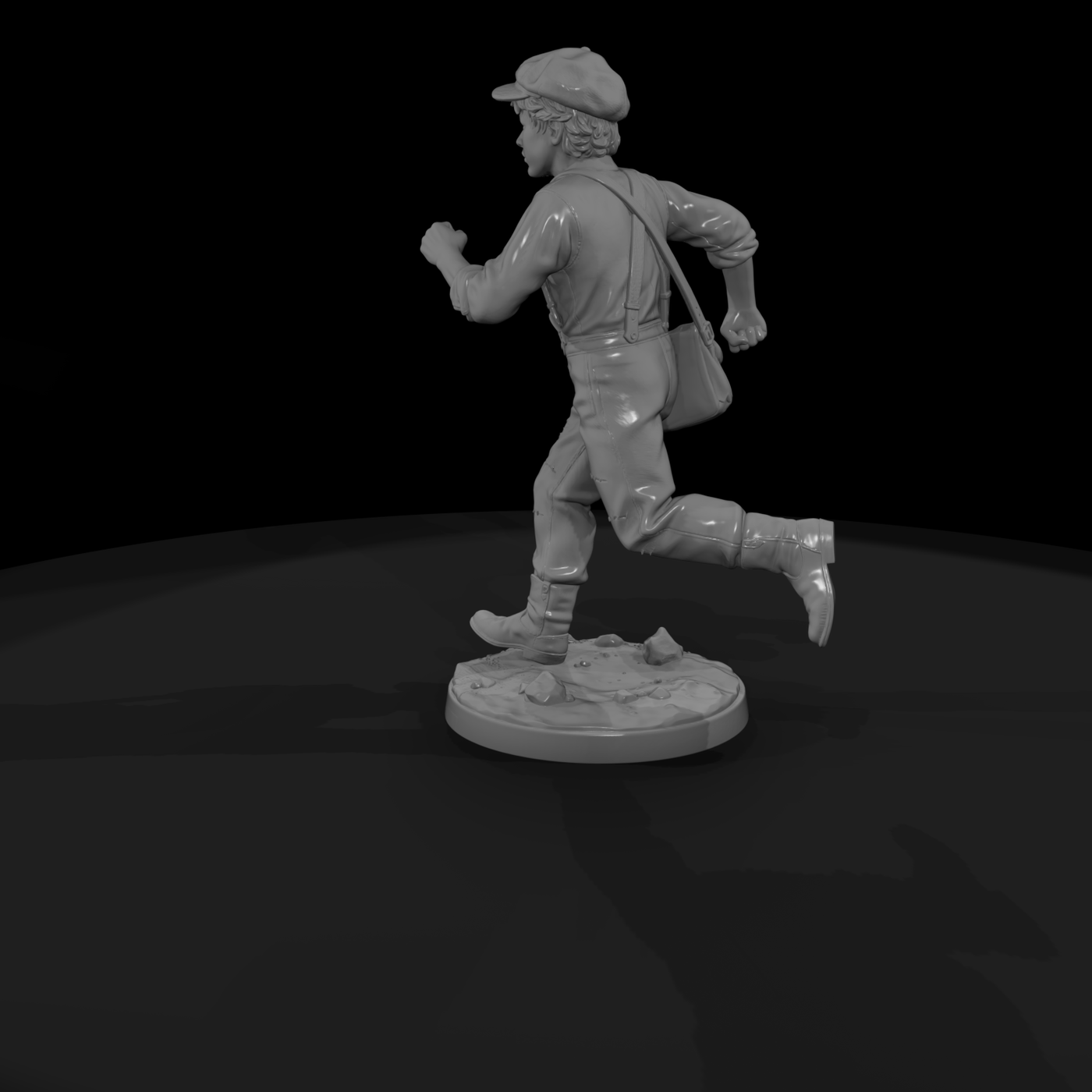 Running Newsboy in Overalls and Cap