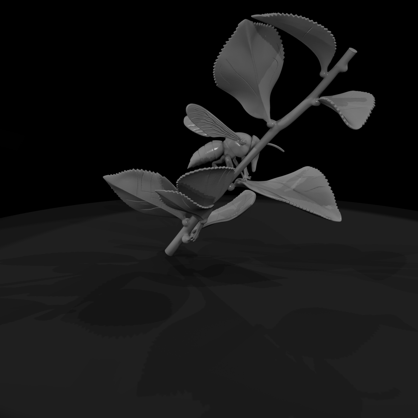 Stylized Low-Poly Wasp on Leafy Twig — Accent