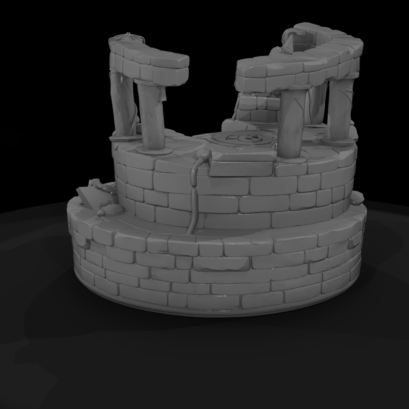 Stylized fantasy ruined shrine centerpiece