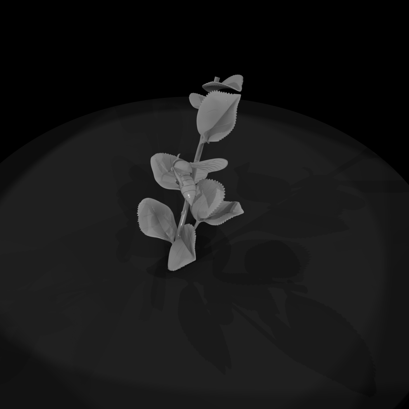 Stylized Low-Poly Wasp on Leafy Twig — Accent