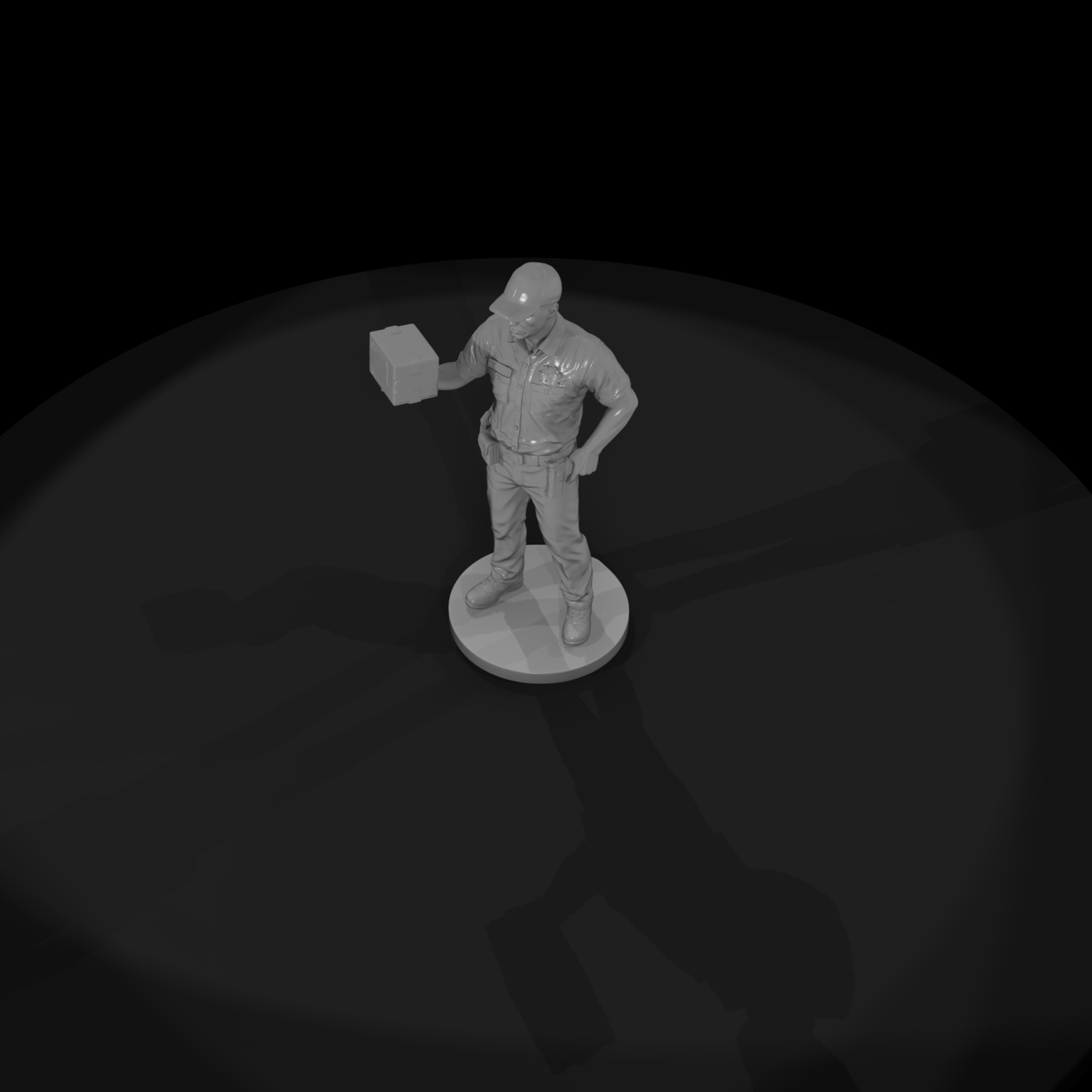 Uniformed Guard with Delivery Crate