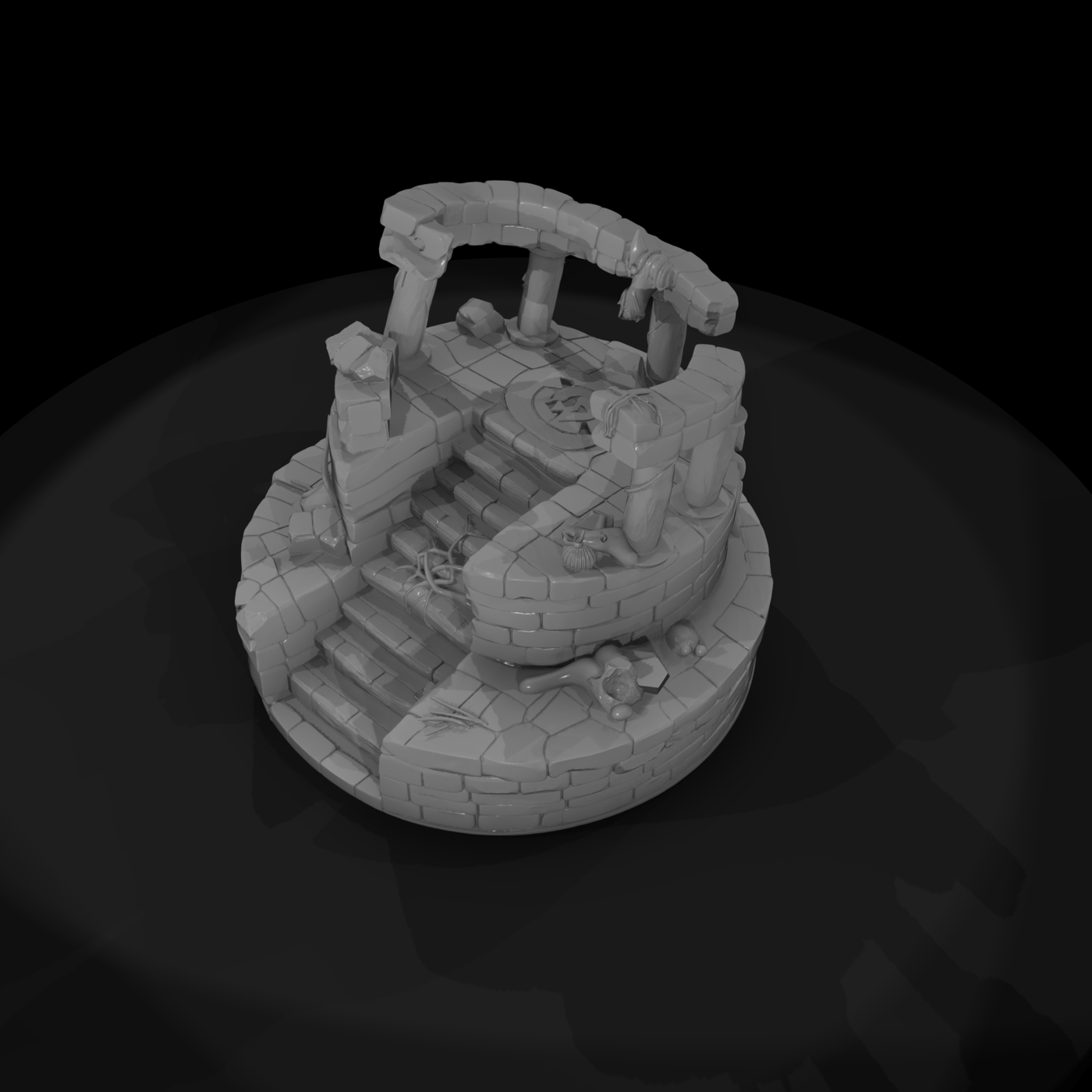 Stylized fantasy ruined shrine centerpiece