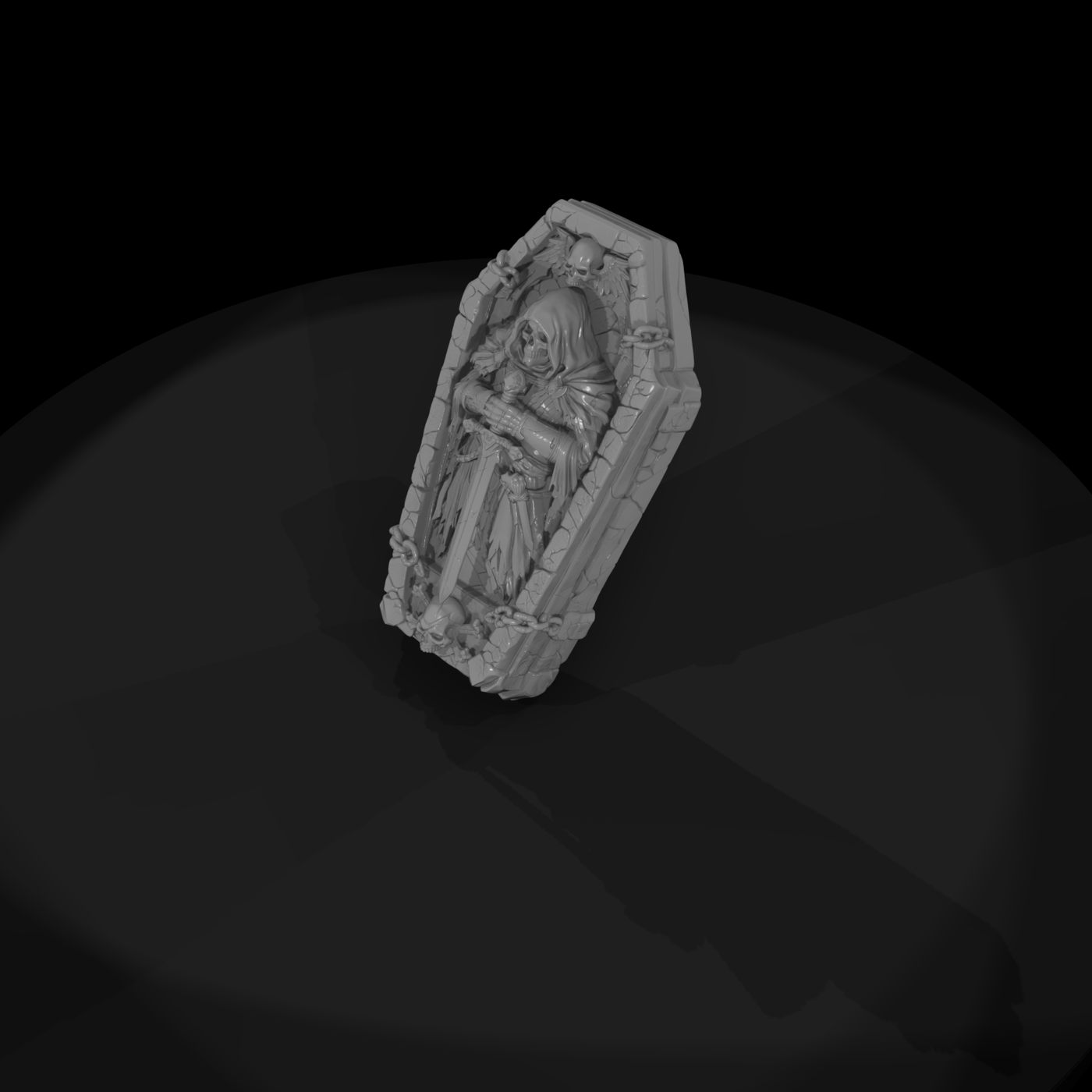 Carved Stone Coffin Lid with Reaper