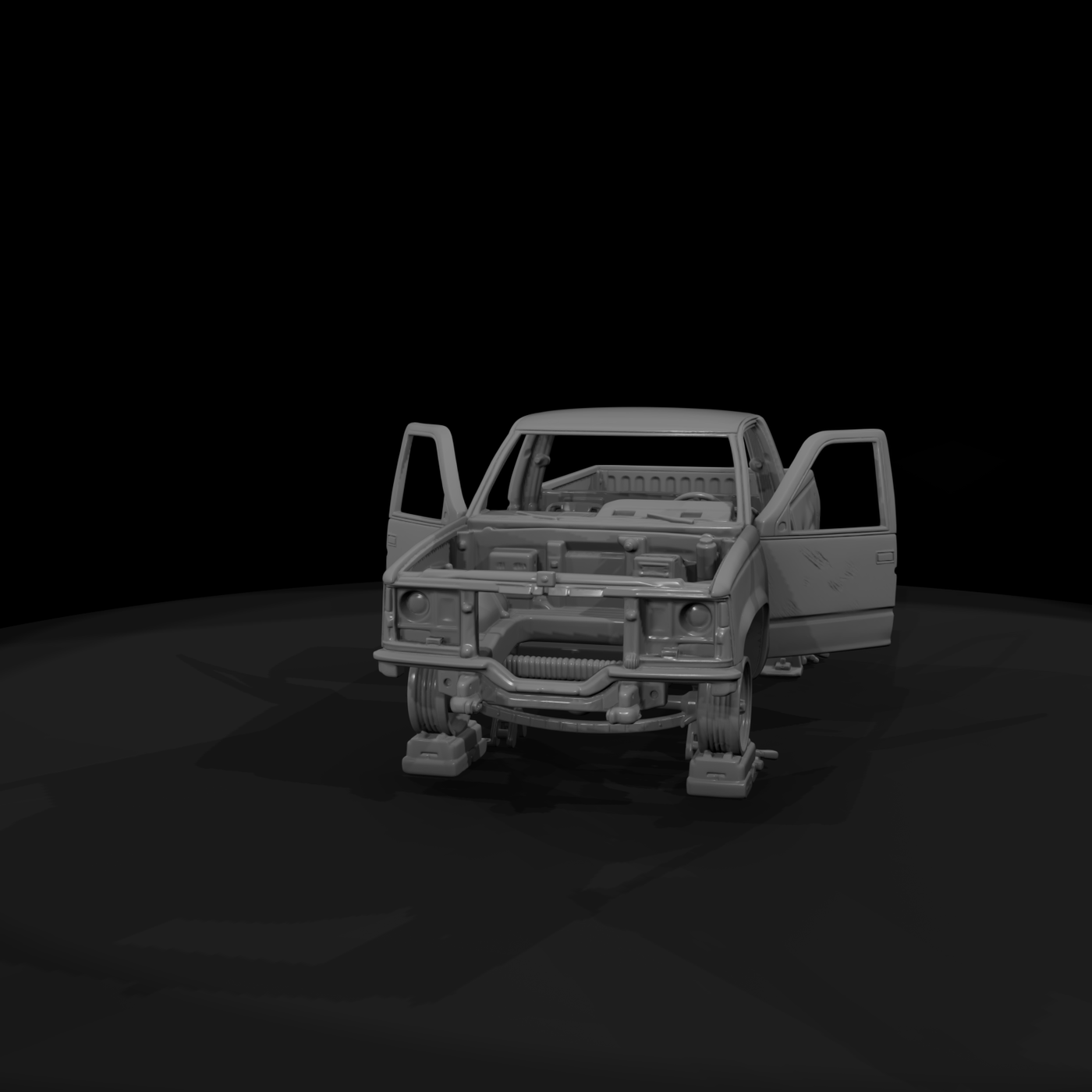 Stripped Junkyard Pickup on Jack Stands