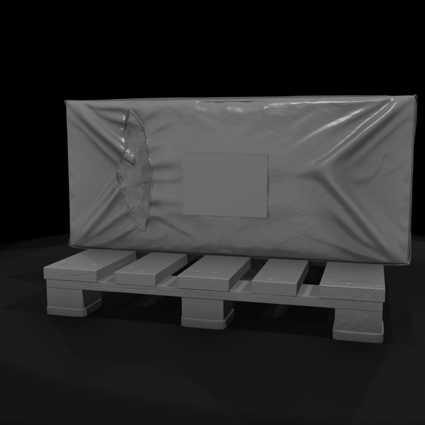 Tarp-wrapped cargo on wooden pallet
