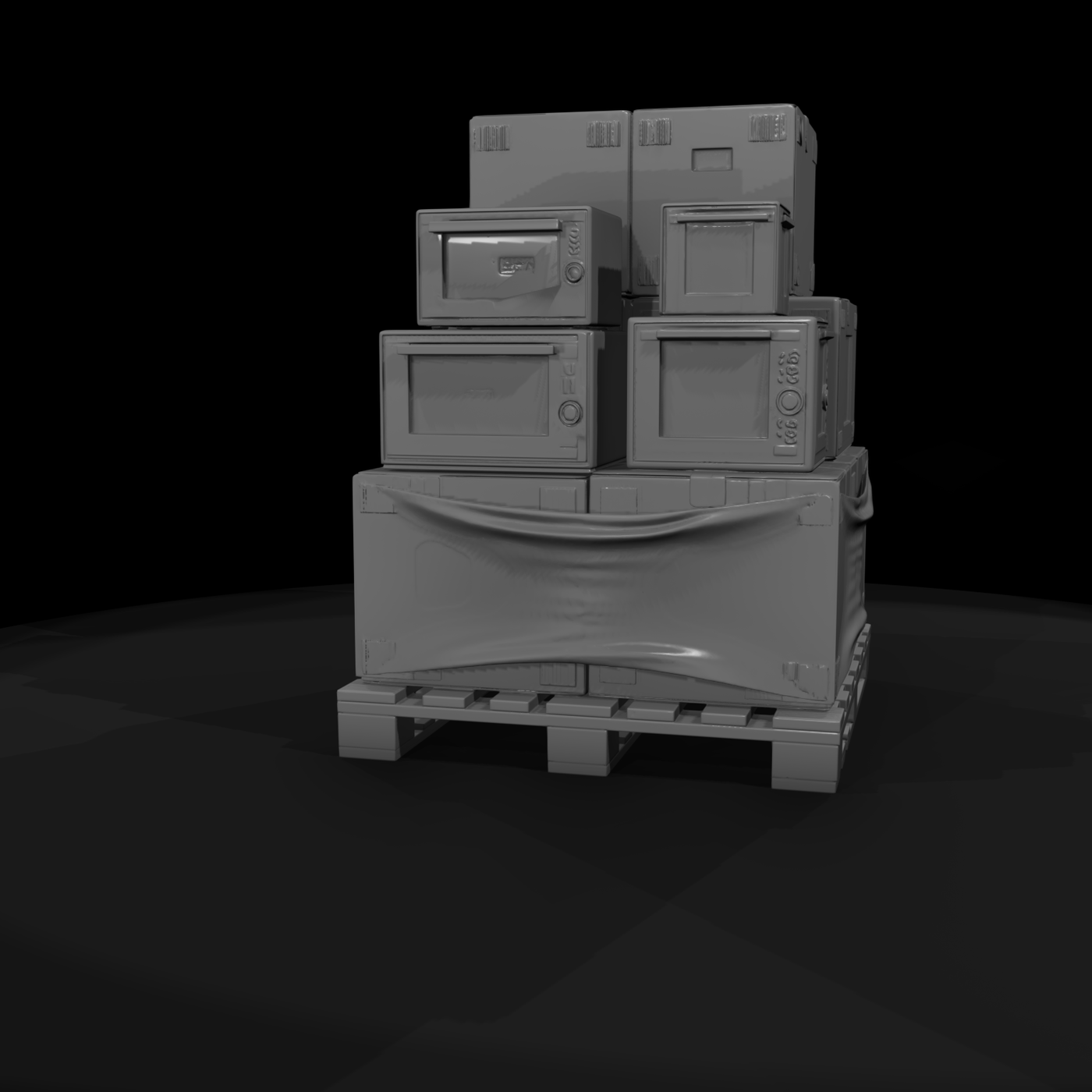 Stacked Shipping Pallet with Crates and Stretch Wrap