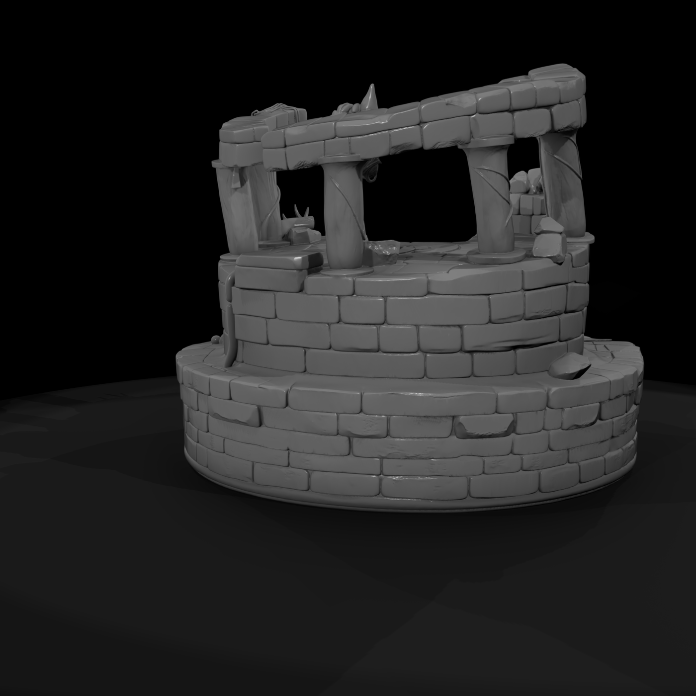 Stylized fantasy ruined shrine centerpiece