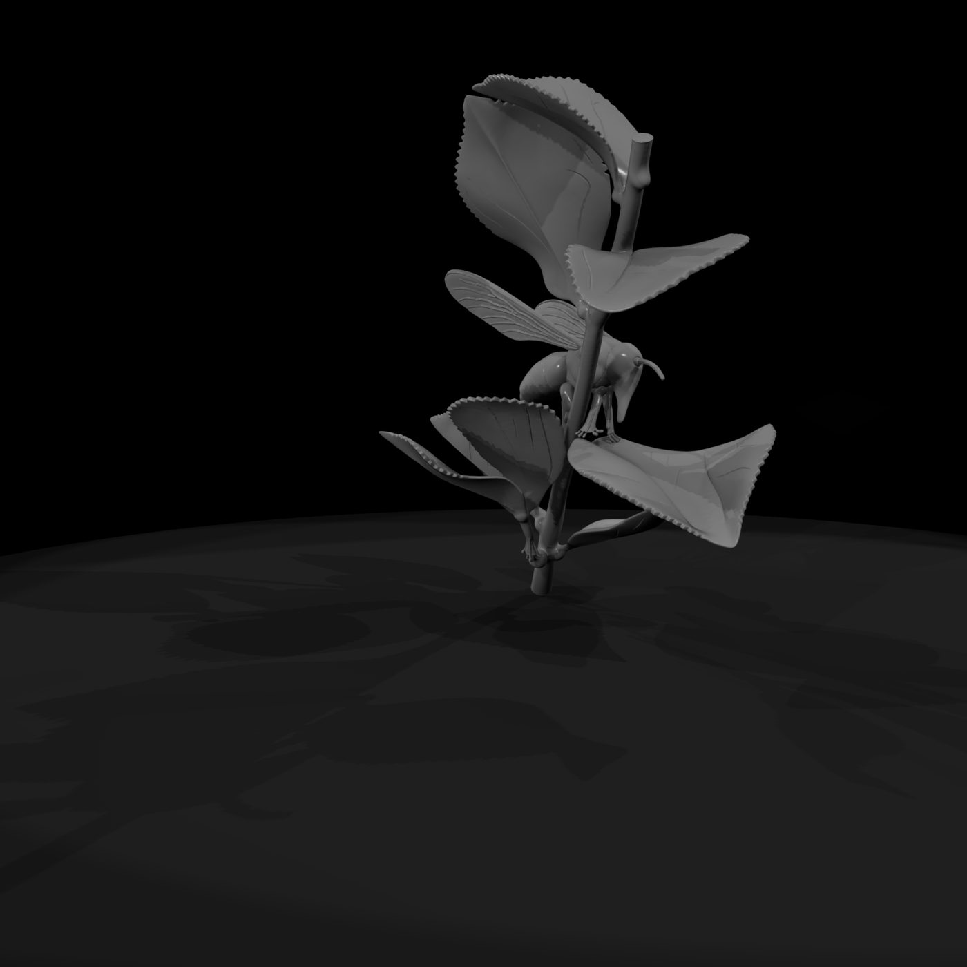 Stylized Low-Poly Wasp on Leafy Twig — Accent