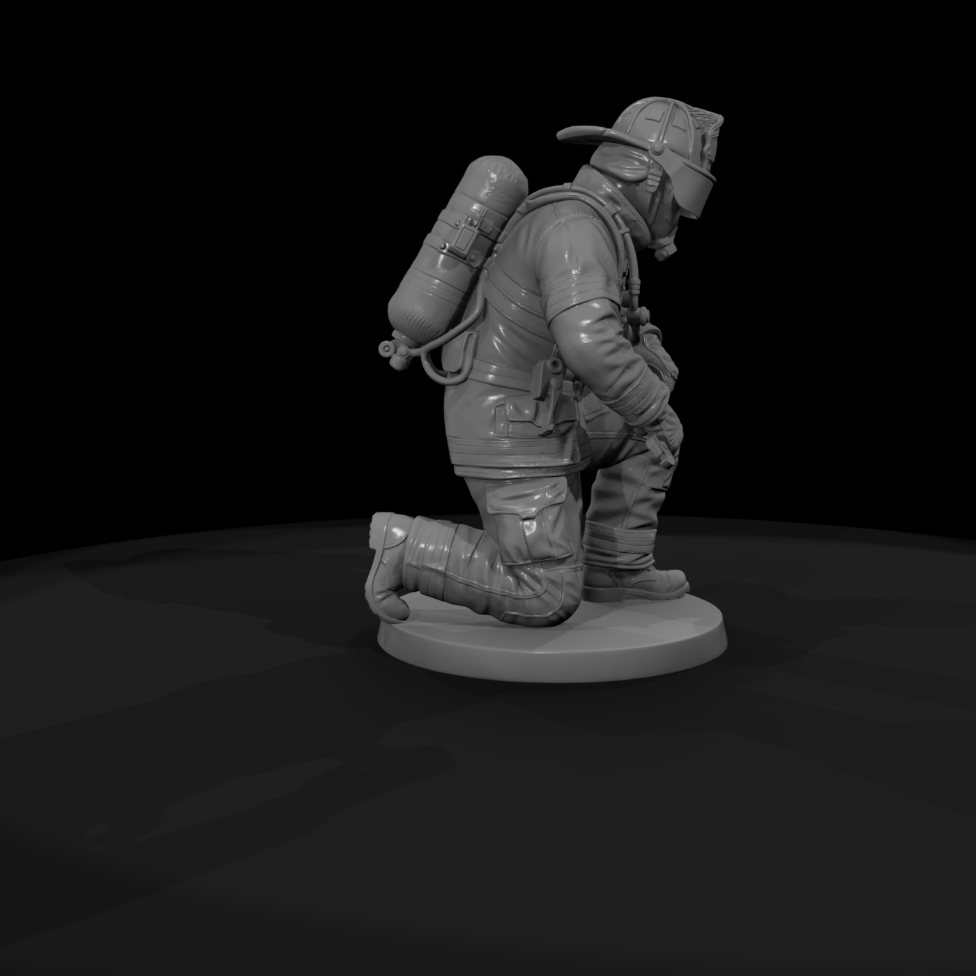 Firefighter Kneeling at a Hydrant Hookup
