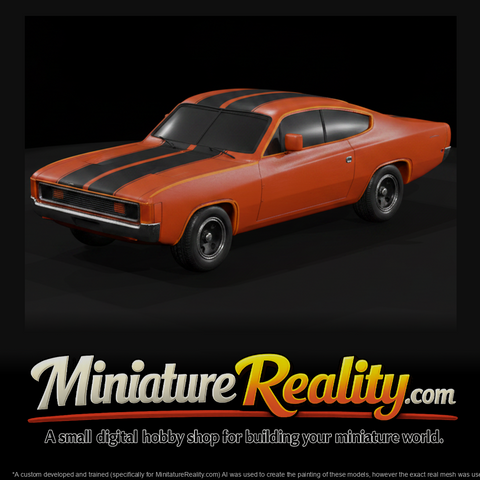 Chrysler Valiant Charger VH RT (1971) — 3D Printable Miniature, three-quarter view