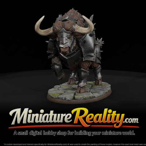 Armored War Buffalo miniature, three-quarter view