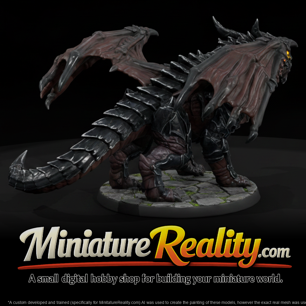 Obsidian Plate Armored Drake miniature, three-quarter view
