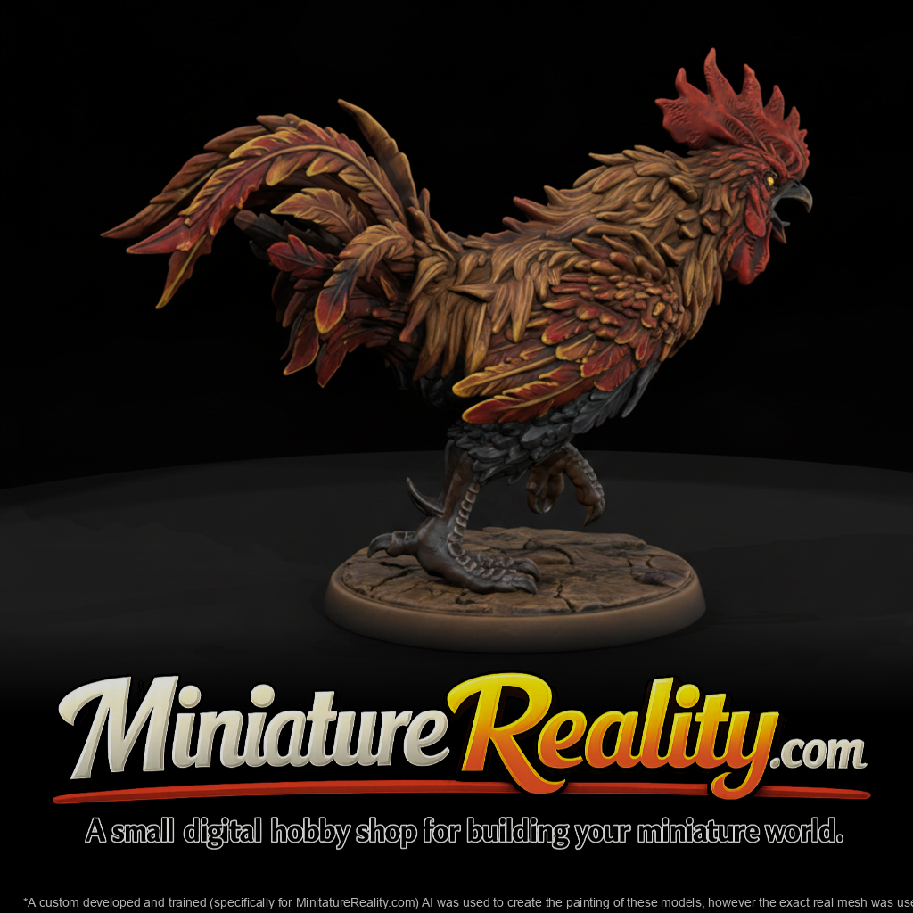 Ember Crest Rooster Beast miniature, three-quarter view