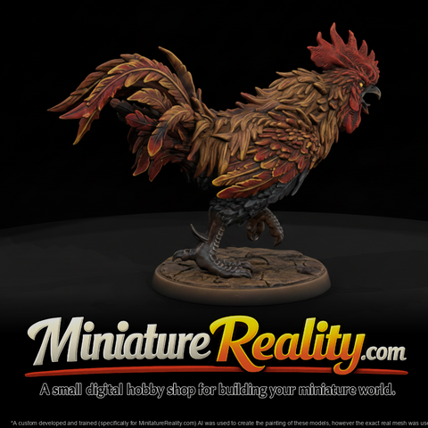 Ember Crest Rooster Beast miniature, three-quarter view