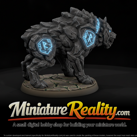 Rune-Carved Stone Sentinel Hound miniature, three-quarter view