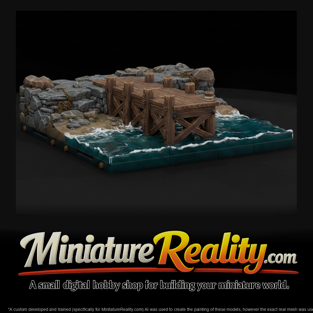 Detailed Coastal Dock Pier miniature, three-quarter view