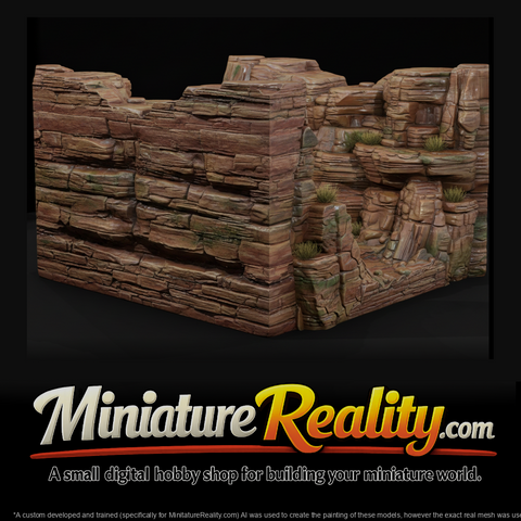 Detailed stratified rock canyon terrain model UKQEAHyr, three-quarter view