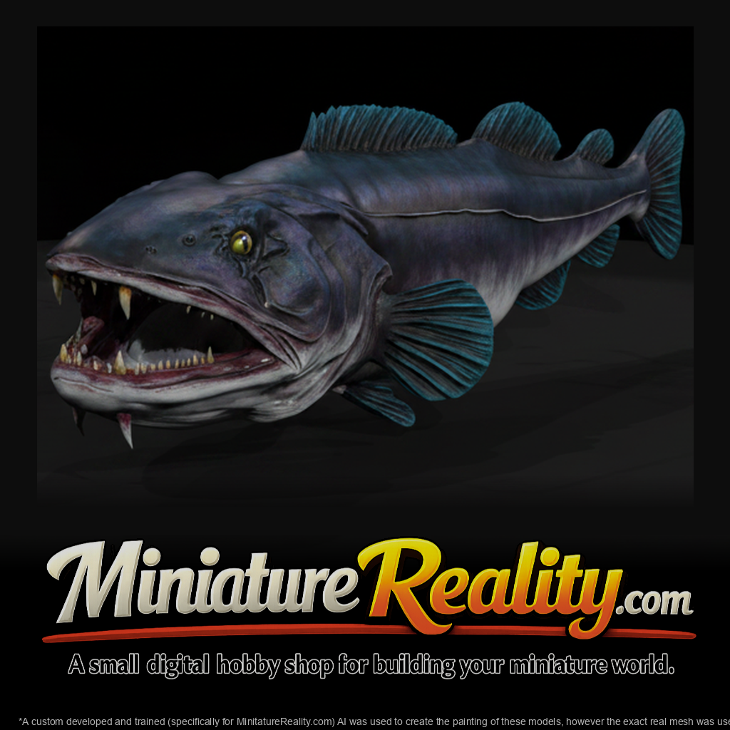 Fanged Fish Sculpture miniature, three-quarter view