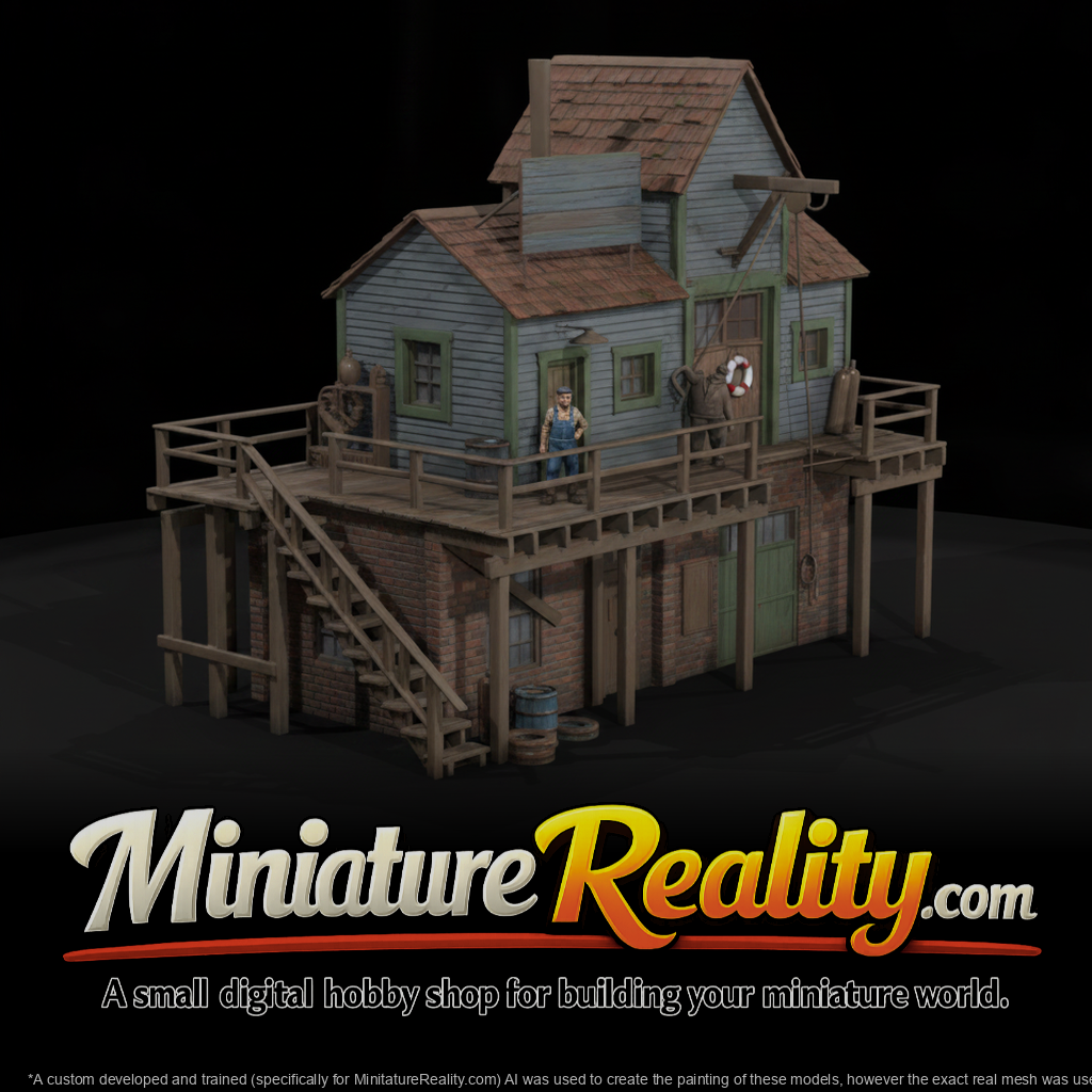 Fisherman's Dockhouse — Dockside Building miniature, three-quarter view