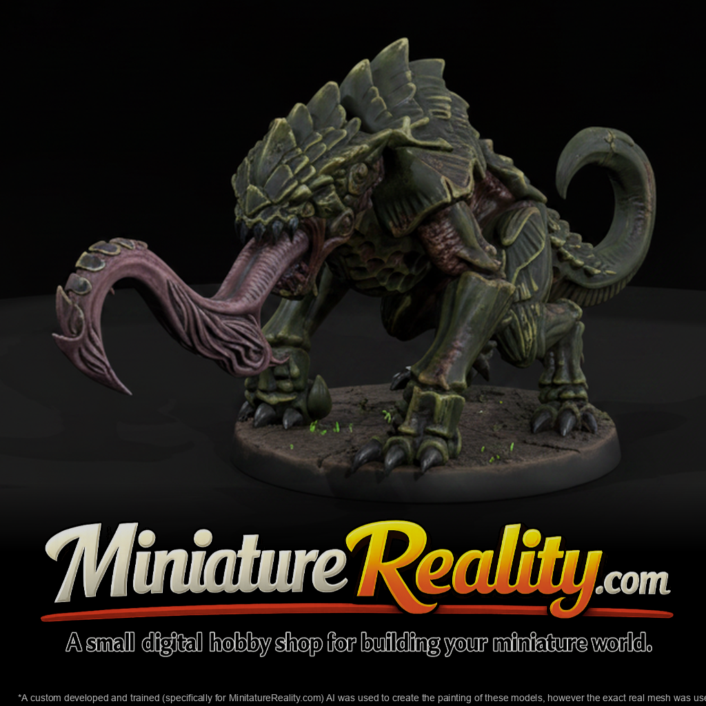 Grimdark Sci Fi Armored Alien Predator miniature, three-quarter view