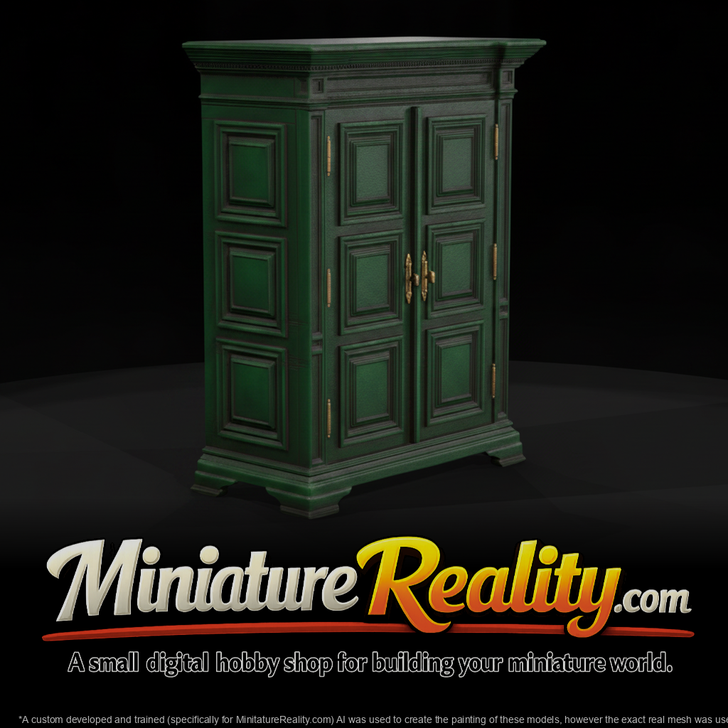 Green Paneled Wardrobe Armoire miniature, three-quarter view