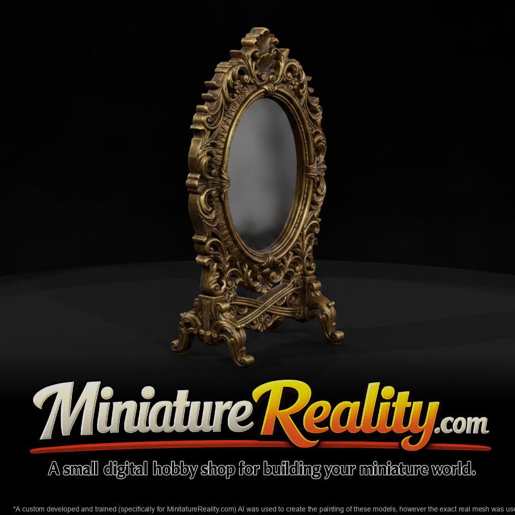 Ornate Gilded Standing Vanity Mirror miniature, three-quarter view