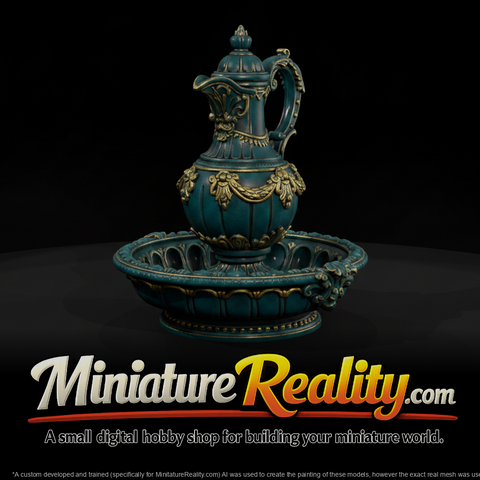 Ornate Ewer and Wash Basin miniature, three-quarter view