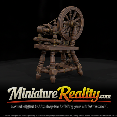 Antique Wooden Spinning Wheel miniature, three-quarter view