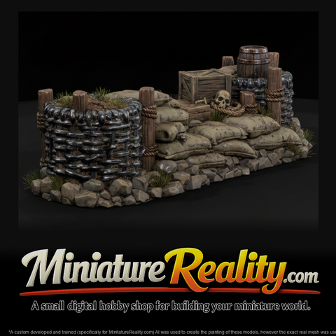 Gabion and Sandbag Wall Section miniature, three-quarter view