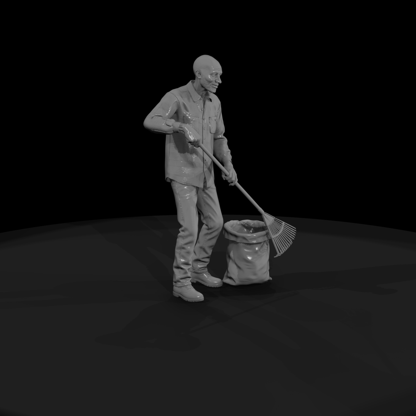 Elderly Gardener Raking Leaves