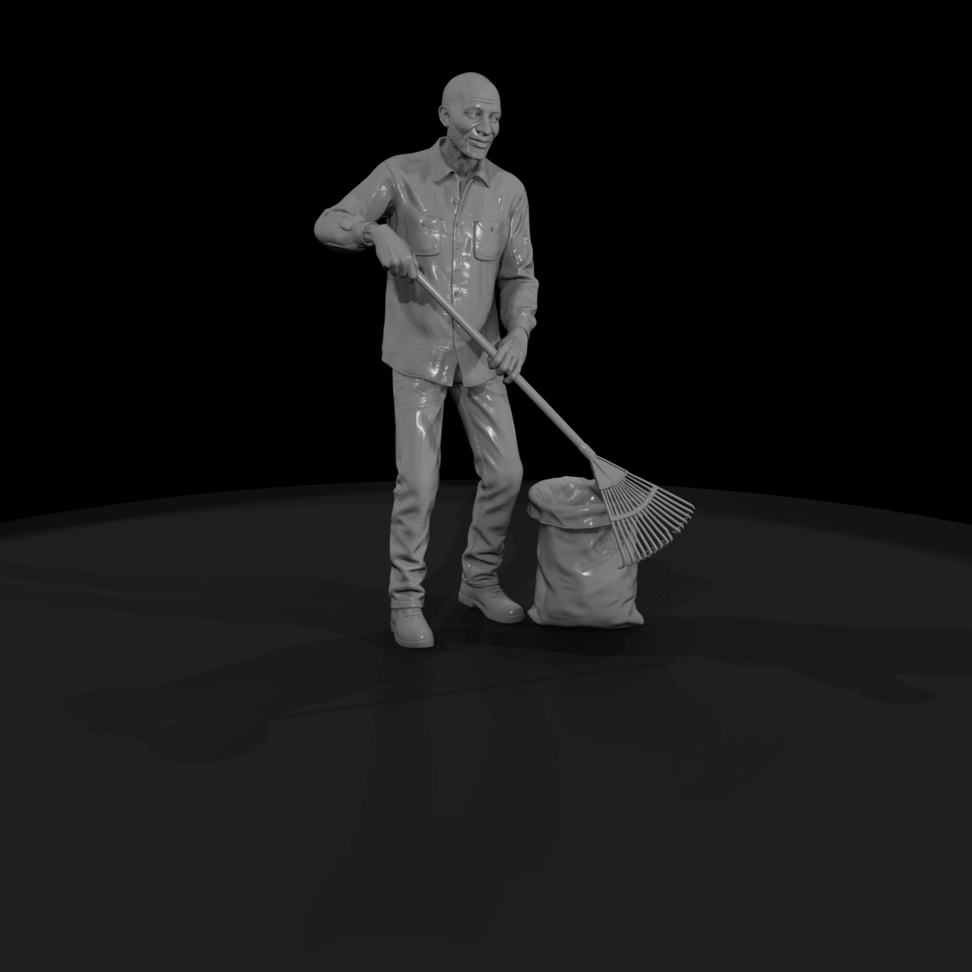 Elderly Gardener Raking Leaves