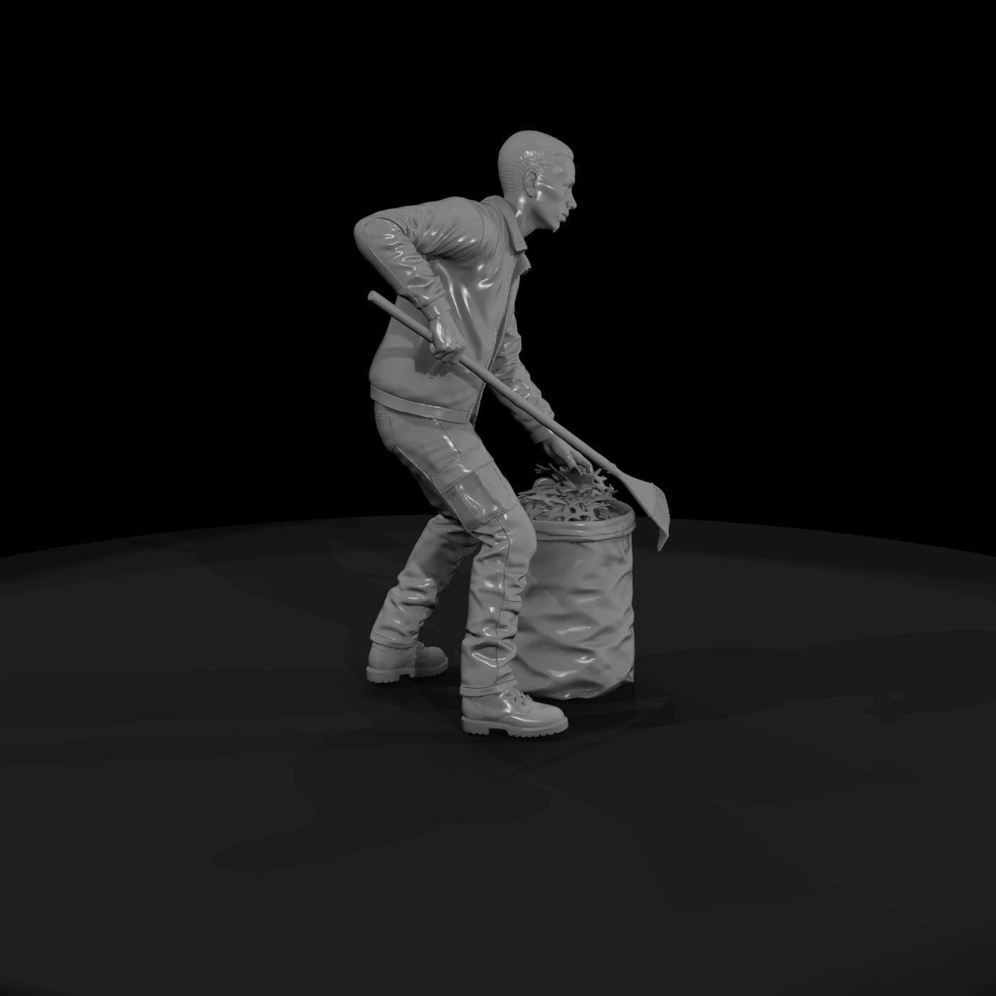 Crouching Gardener Figure with Rake