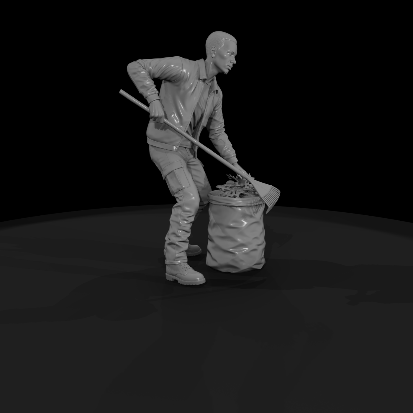 Crouching Gardener Figure with Rake